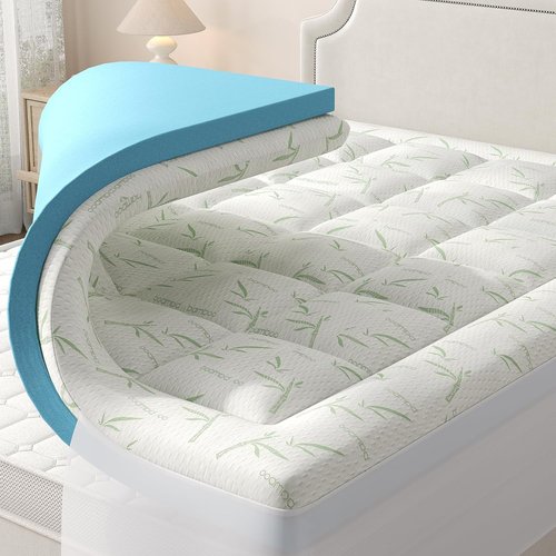 DUMOS Queen Mattress Topper - Dual Layer 4 Inch Memory Foam with Gel & Pillow Top for Back Pain Relief