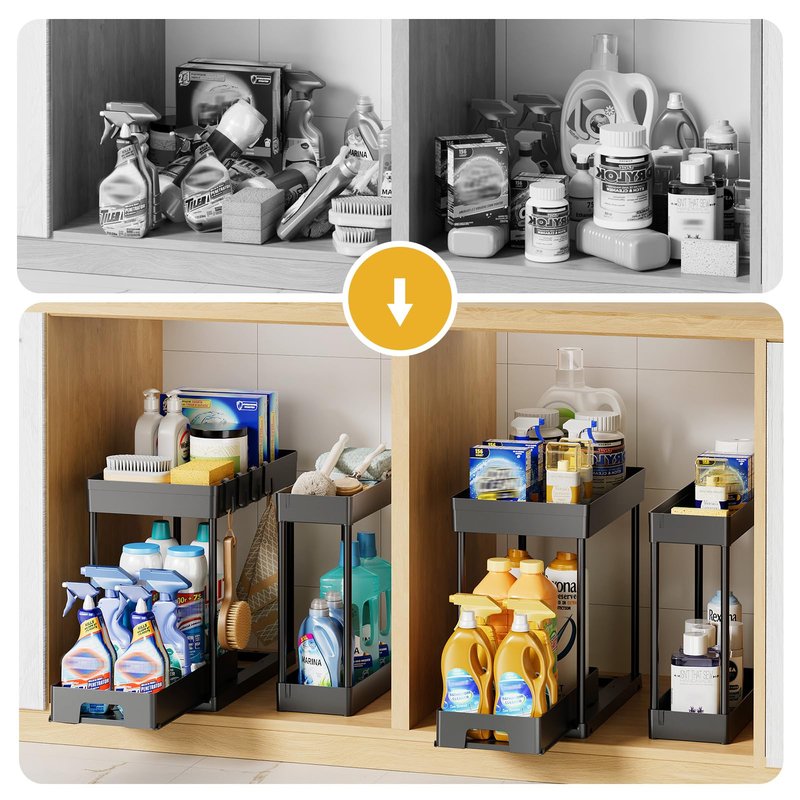 Delamu 3 Pack Under Sink Organizers and Storage, 2 Tier Black Bathroom Cabinet Organizer, Multi-Use Kitchen Bathroom Organizers and Storage, Under Counter Organizer with Hooks