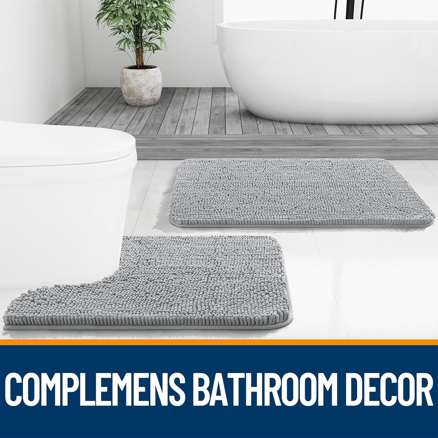 OLANLY Bath Rugs - Extra Soft Chenille with Rubber Backing | Quick Dry, Machine Washable, 30x20, Light Grey