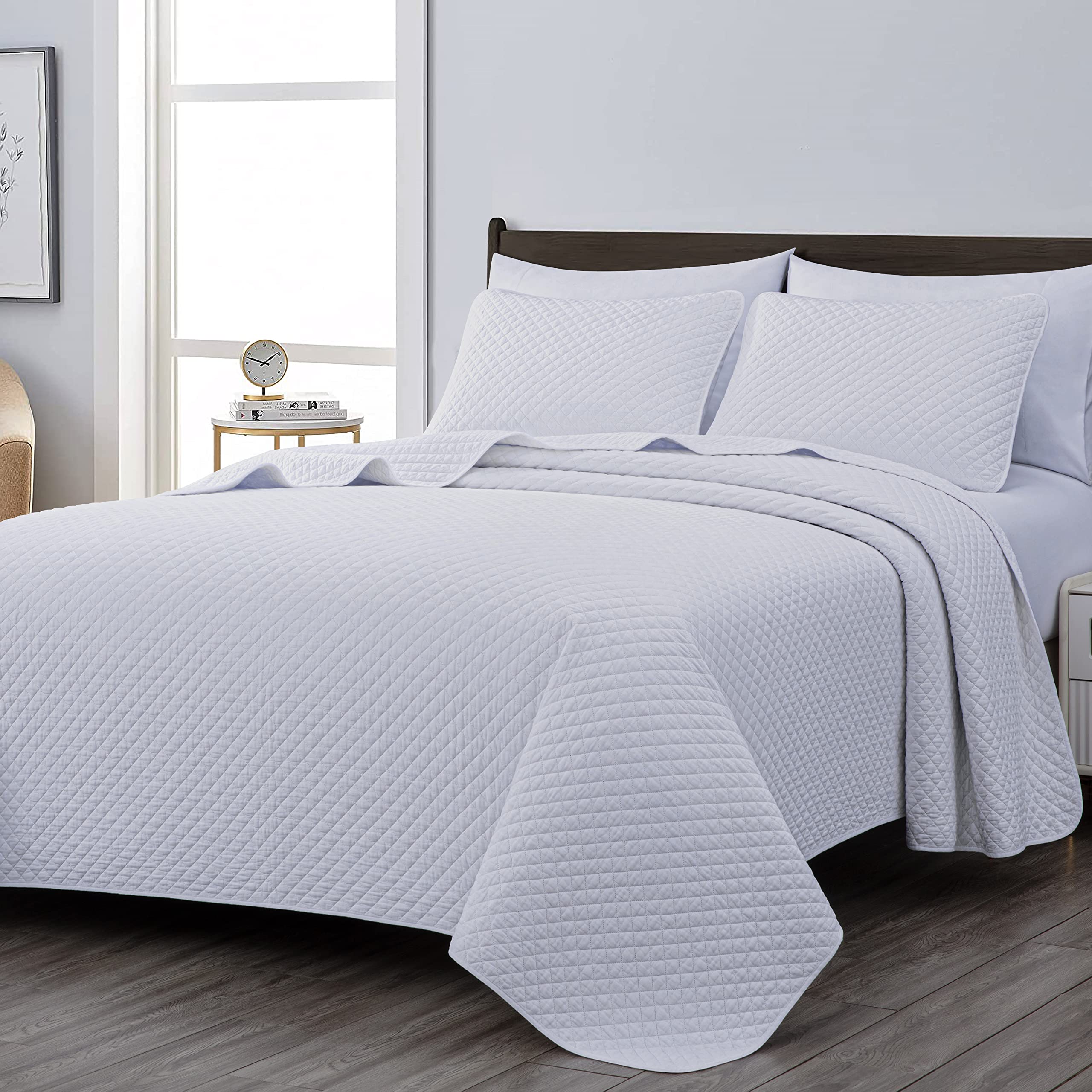 Chezmoi Collection Avon 3-Piece Diamond Stitch Pattern Soft-Finished Vintage Washed 100% Cotton Quilt Set (Queen, White)