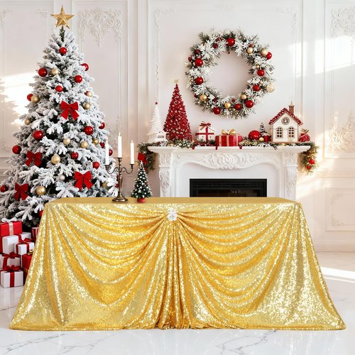 PartyDelight Gold Sequin Tablecloth 60x102 Rectangle High-Density 3mm Sequins Sewn on Mesh for 6ft Banquet Tables Shimmering Non-Shedding Table Cover for Weddings, Parties & Galas