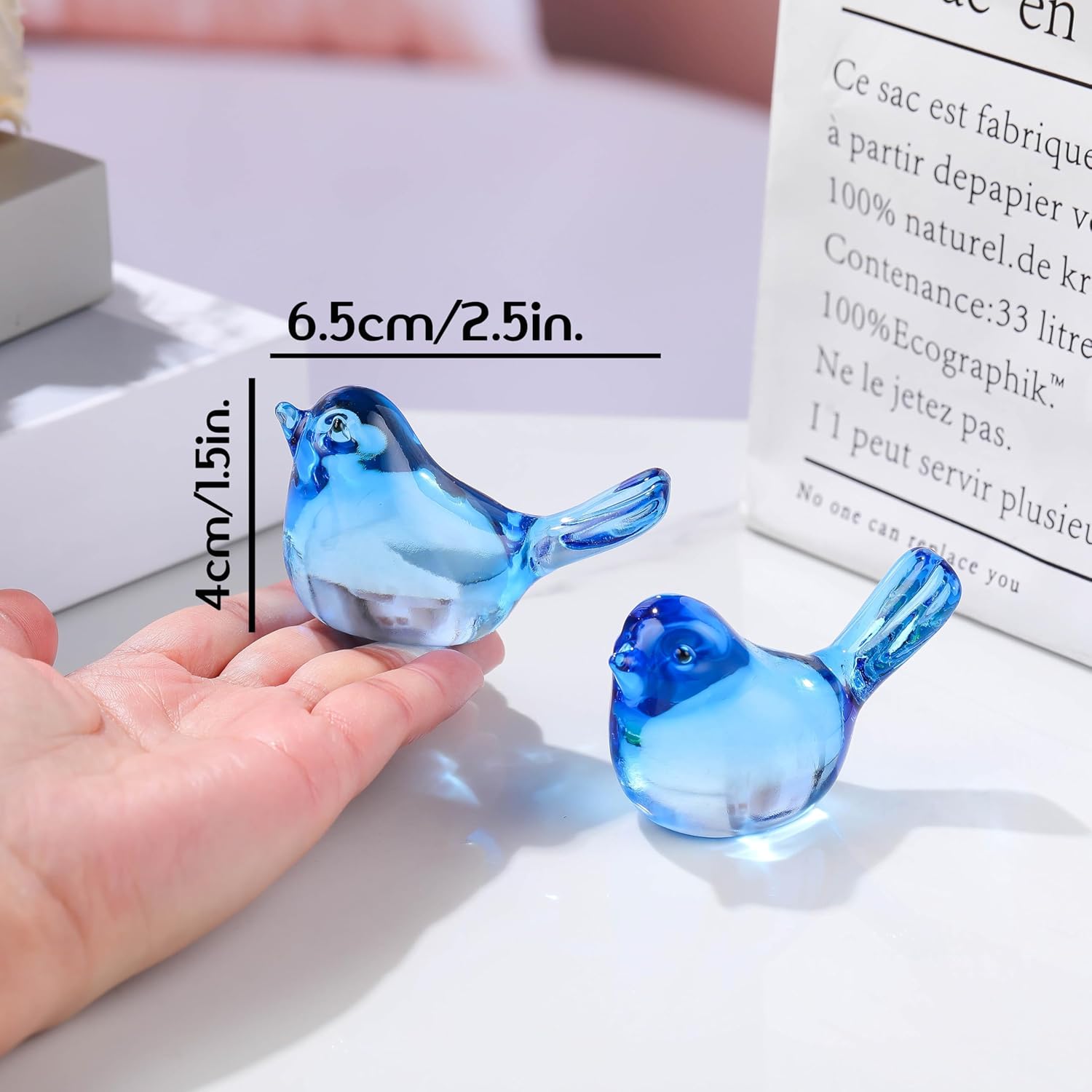 Qianwei Crystal Bird Figurines - Handmade Blown Glass Collectibles for Office Desk Decor | 2pcs Sky Blue