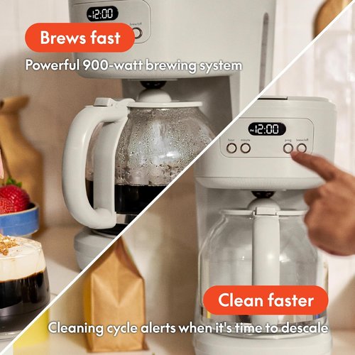 BELLA 12-Cup Programmable Coffee Maker - Easy LCD Display, Auto Shutoff, Reusable Accessories, Oatmilk