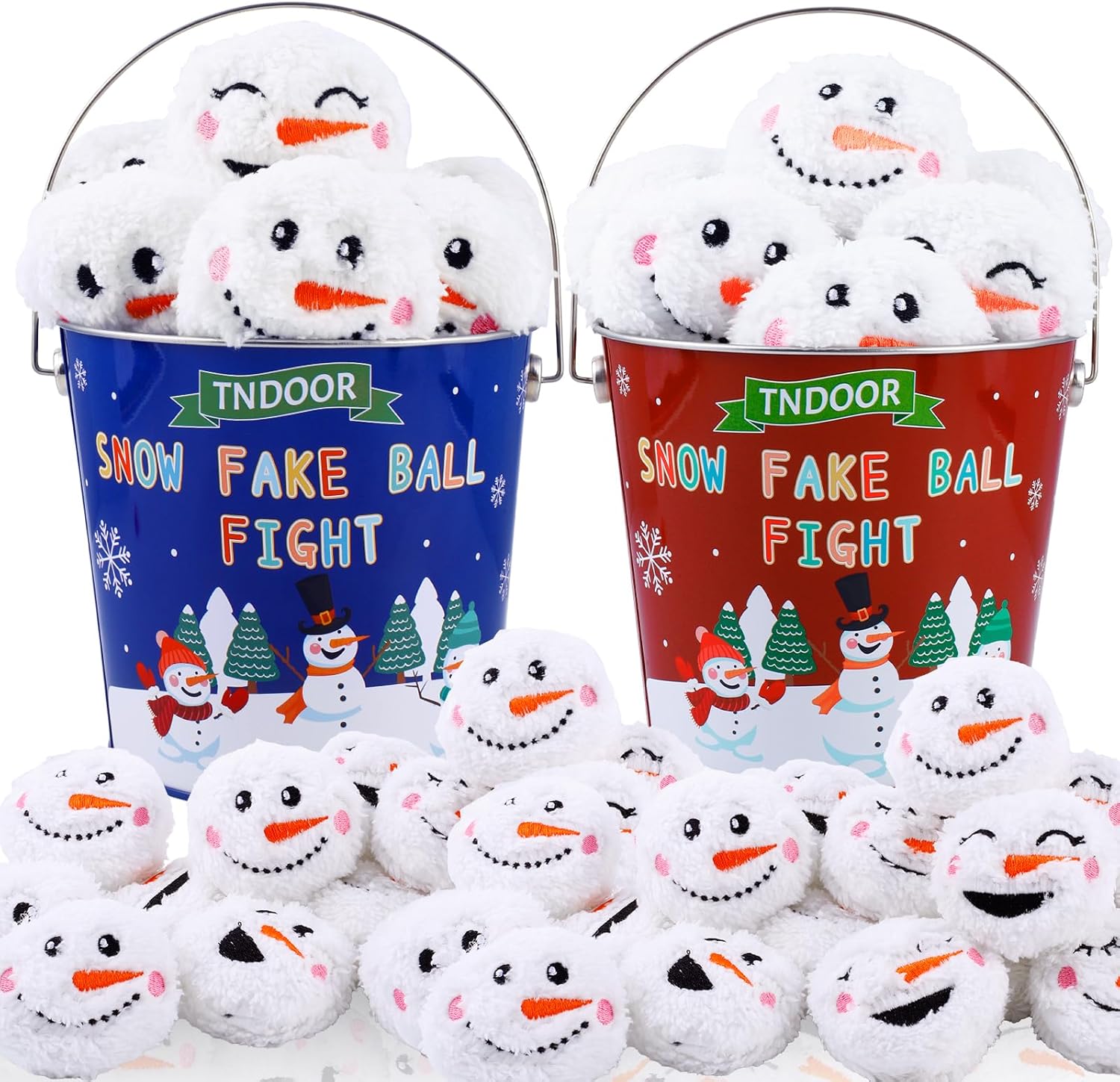 Snow Fake Balls - 2.8 Inch Smiling Snowman Face Snowballs for Indoor/Outdoor Winter Fun | Dark Red & Blue