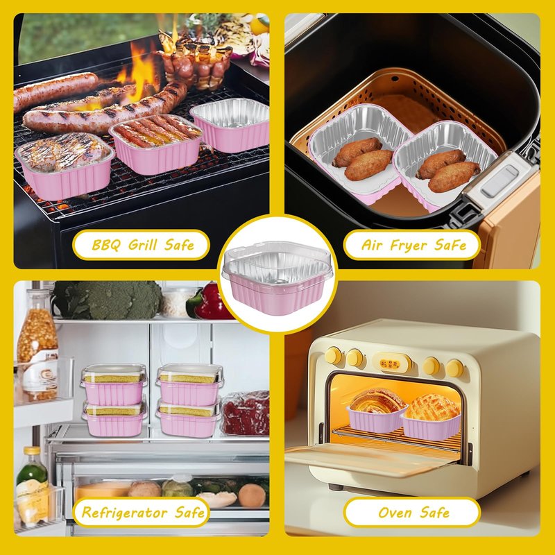 Ksmxos 50 Pack Square Mini Cake Pans with Lids,Mini Loaf Pans with Lids,Aluminum Foil Baking Cups,Disposable Ramekins Cupcake Cups,Dessert Cups for Wedding Birthday Party Picnics,5oz (Pink)