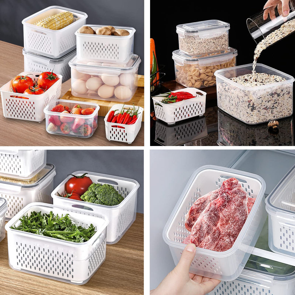 4 Pack Large Fridge Food Storage Container Set with Lids with Strainer, Fruit Vegetable Storage Containers Keep Fruits, Vegetables, Berry, Meat Fresh longer , BPA-Free Plastic Produce Keepers