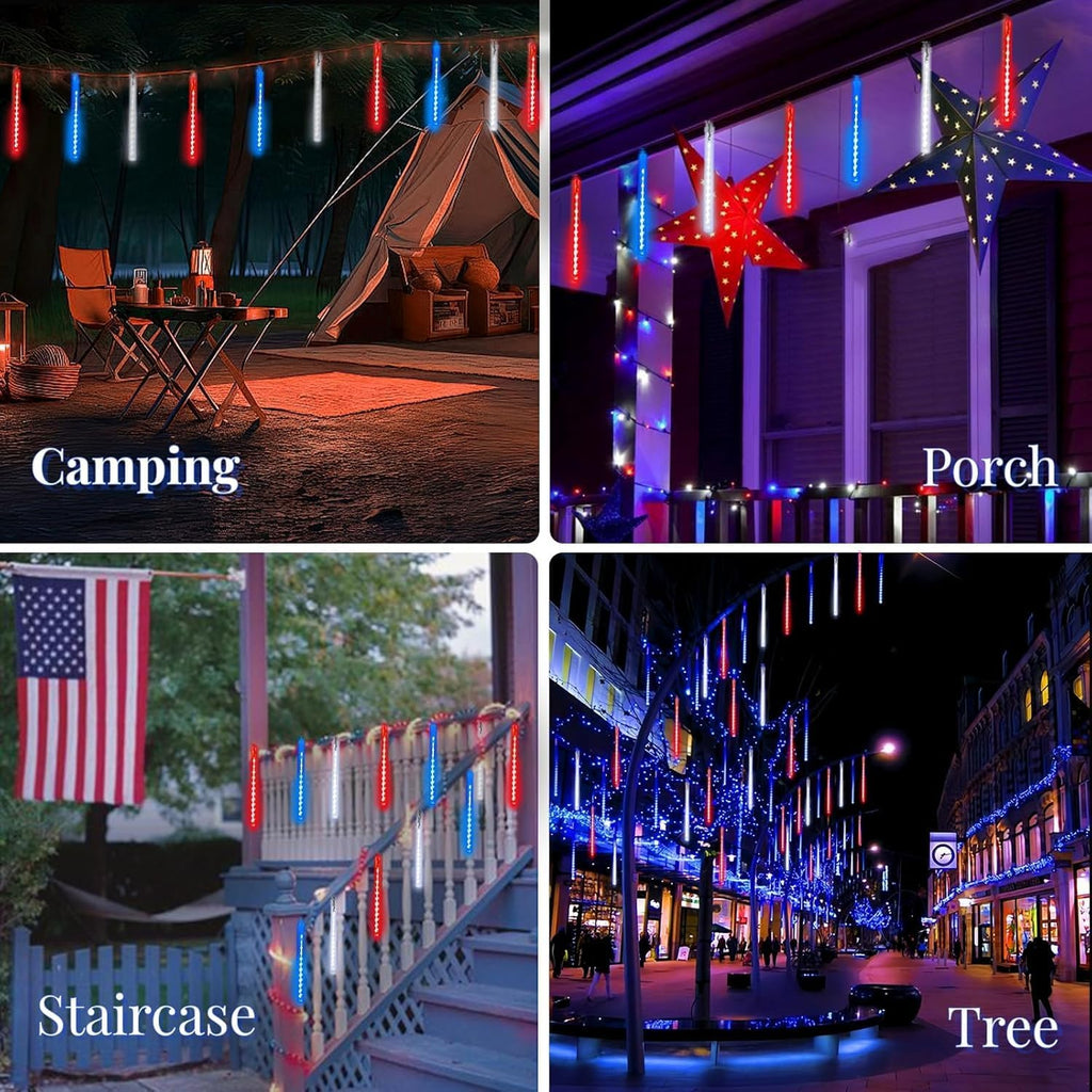 Skiennix 4th of July Decorations - USA 250th Anniversary Solar Meteor Shower Lights | 18 Tubes, 432 LEDs, Waterproof