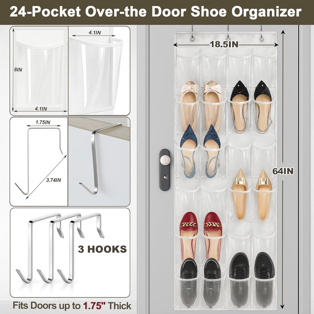 Over The Door Shoe Organizer - 24 Crystal Clear Pockets & Heavy Duty Metal Hooks | Space-Saving Shoe Storage (White)
