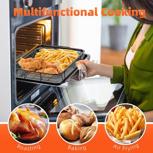 DEGOVIN Air Fryer Pans - Non-Stick Stainless Steel Crisper Tray with Cooking Guide & 30 Parchment Papers | 15.8" × 11" - Black