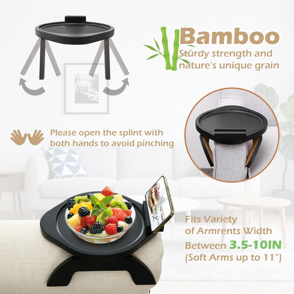 SINWANT Couch Armrest Table, Bamboo Clip On Couch Arm Table with 360°Phone Holder,Foldable Sofa Arm Tray for Eating and Drinking, TV Tray