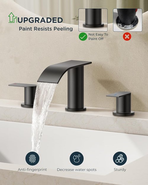 FORIOUS Black Square Bathroom Faucet - Stylish Waterfall Design with Metal Pop-Up Drain & Two Handles
