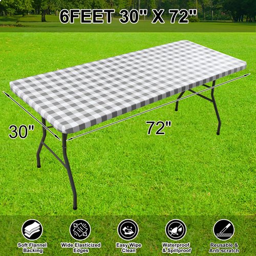 Smiry Rectangle Picnic Table Cloth, Elastic Waterproof Fitted Vinyl Tablecloths, Flannel Backed Buffalo Plaid Table Covers for Dining, Camping, Outdoor (White and Grey, 30" x 72")