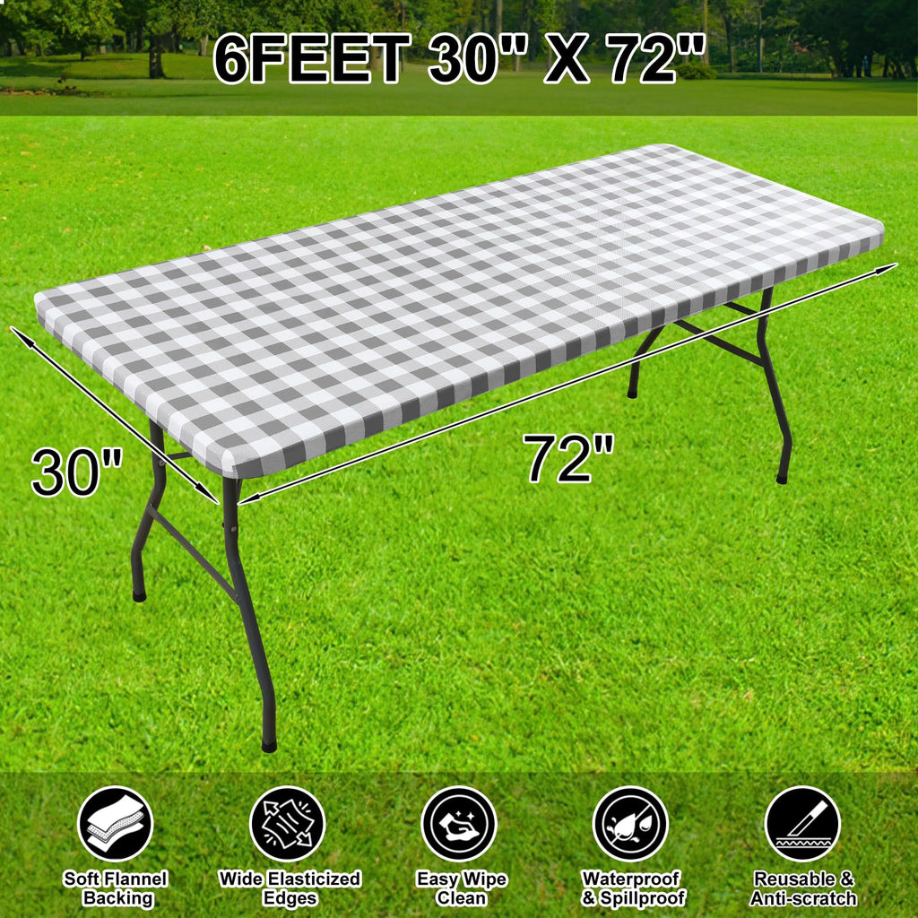 Smiry Rectangle Picnic Table Cloth, Elastic Waterproof Fitted Vinyl Tablecloths, Flannel Backed Buffalo Plaid Table Covers for Dining, Camping, Outdoor (White and Grey, 30" x 72")