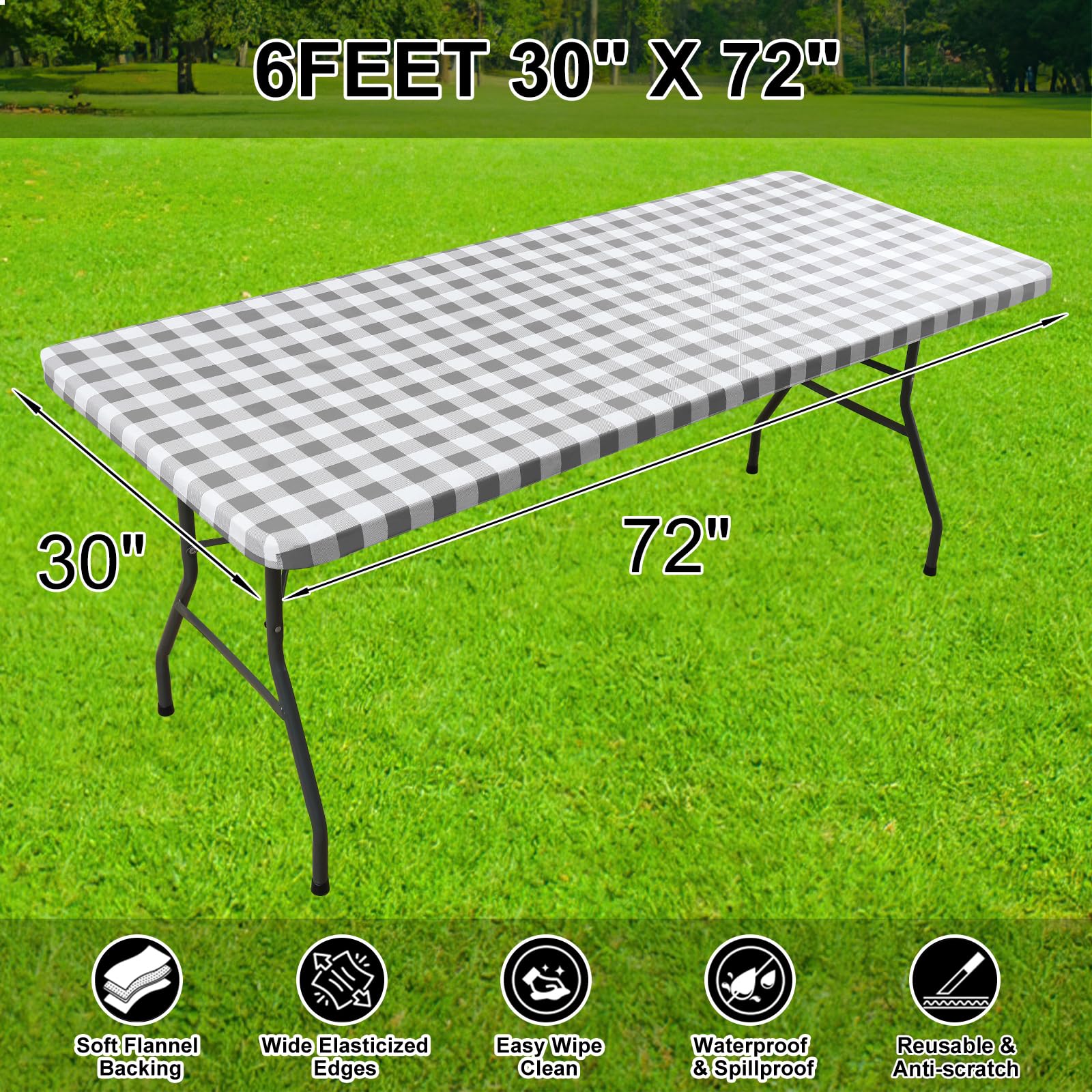 Smiry Rectangle Picnic Table Cloth, Elastic Waterproof Fitted Vinyl Tablecloths, Flannel Backed Buffalo Plaid Table Covers for Dining, Camping, Outdoor (White and Grey, 30" x 72")