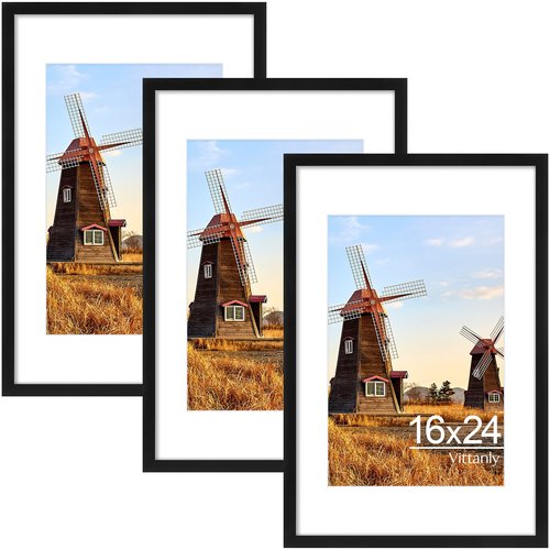 Vittanly 16x24 Picture Frame with Plexiglass - Large Black Poster Frame for Wall Display - Includes 12x18 Mat, Made of Durable PVC Design - 3 Pack