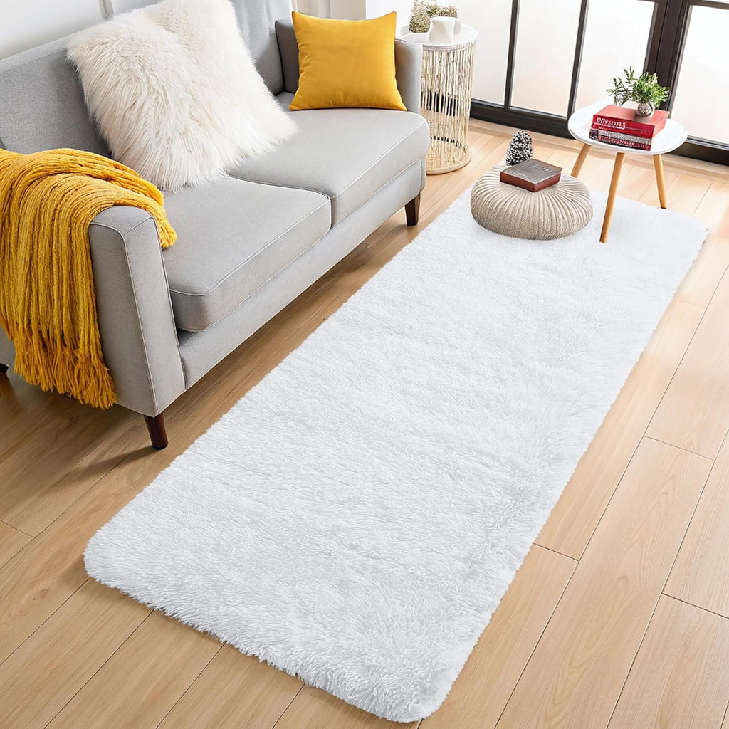OLANLY Runner Rugs - 2x8 Machine Washable Soft Fluffy Shaggy Carpet for Bedroom & Hallway | White