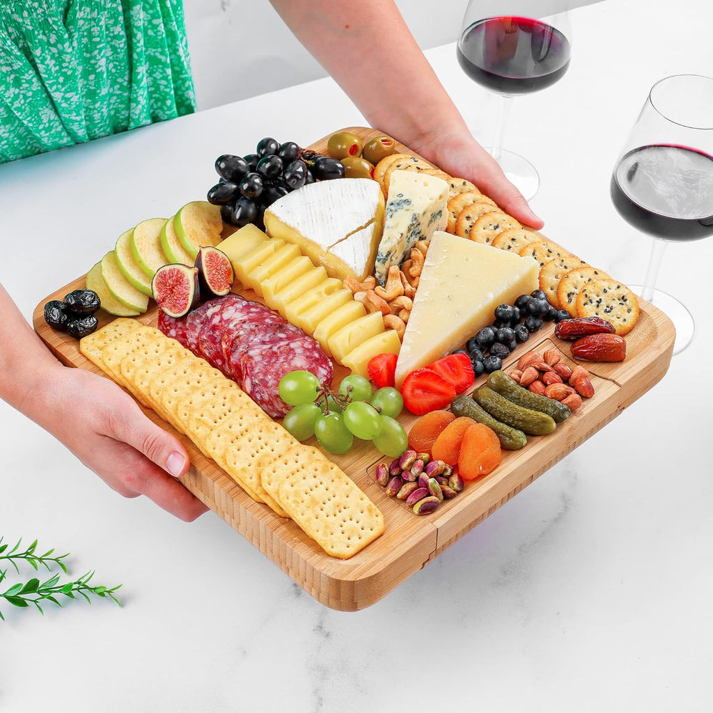 Zulay Kitchen Premium Bamboo Cheese Board Set - Extra Thick Charcuterie Board with 4 Knives | Perfect for Wine & Cheese Lovers