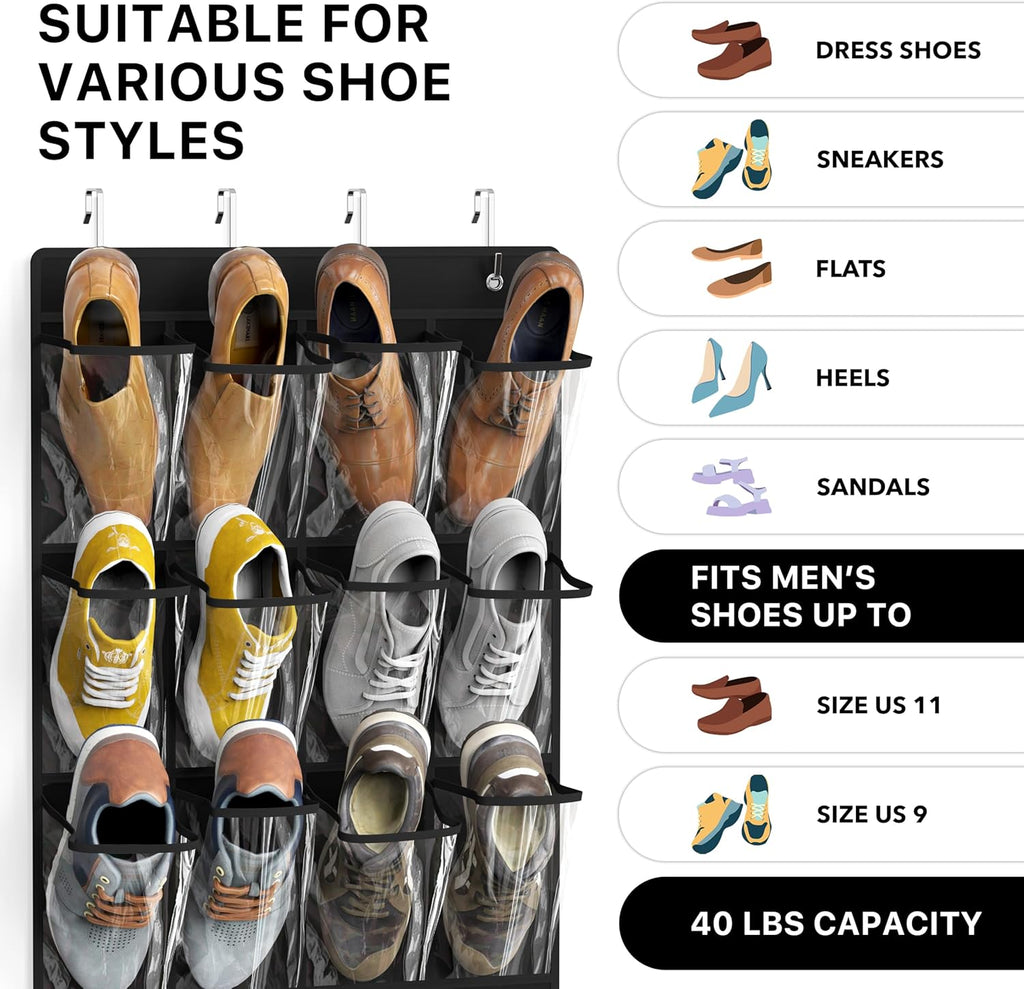 Simple Houseware 24-Pocket Over-The-Door Shoe Organizer - Large Clear Pockets, Black (56" x 22.5")