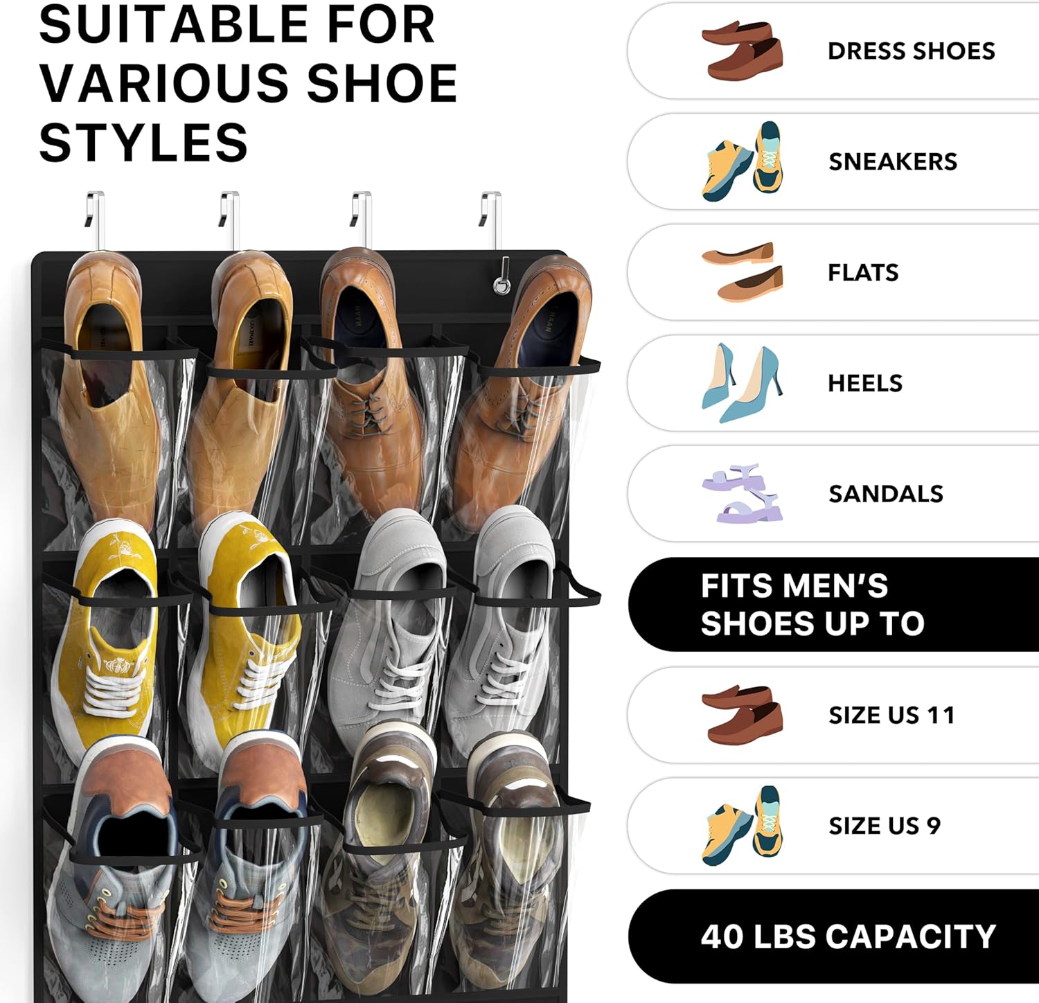 Simple Houseware 24-Pocket Over-The-Door Shoe Organizer - Large Clear Pockets, Black (56" x 22.5")
