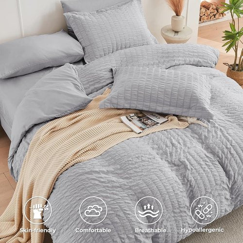 HYMOKEGE Queen Comforter Set - Light Grey Seersucker 7-Piece Luxury Bedding Set | All-Season Comfort