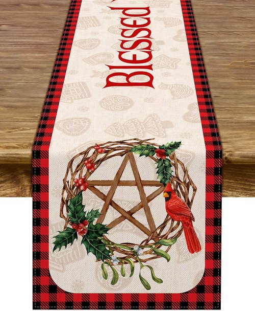 Blessed Yule Table Runner - Buffalo Plaid Check for Winter Solstice | White, 13" x 72" Home Decor