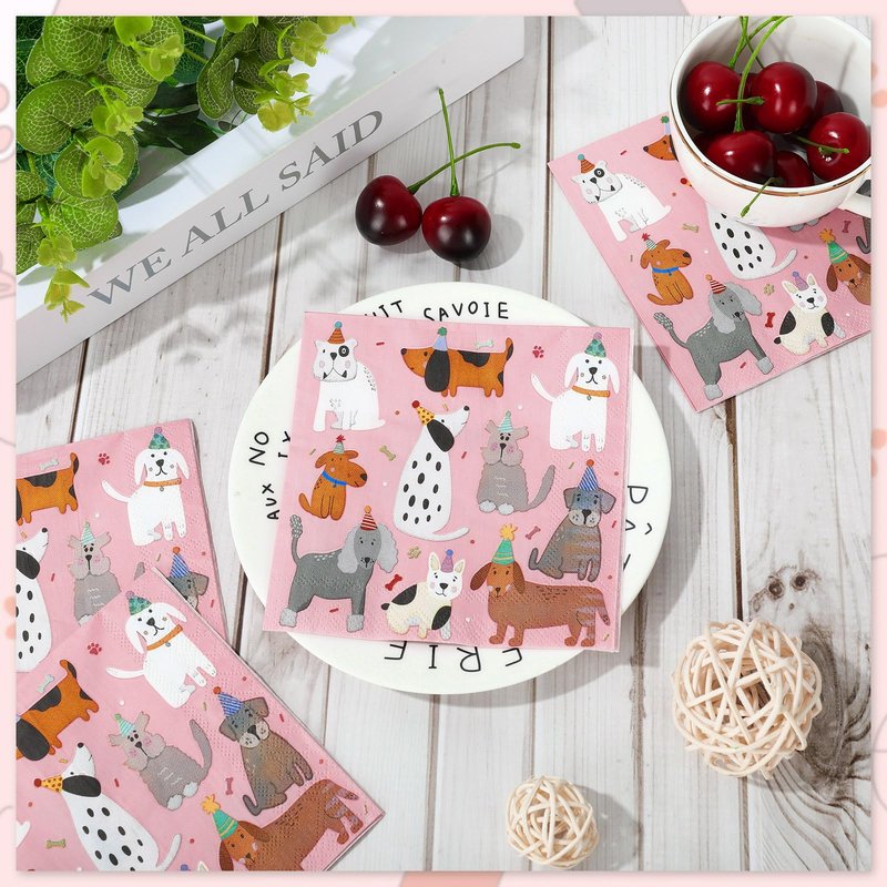 JarThenaAMCS 100 Sheets Dog Party Napkins Pink Cocktail Paper Napkins Cute Puppy Disposable Beverage Napkin for Pet Animal Party Drink Table Decor Supplies