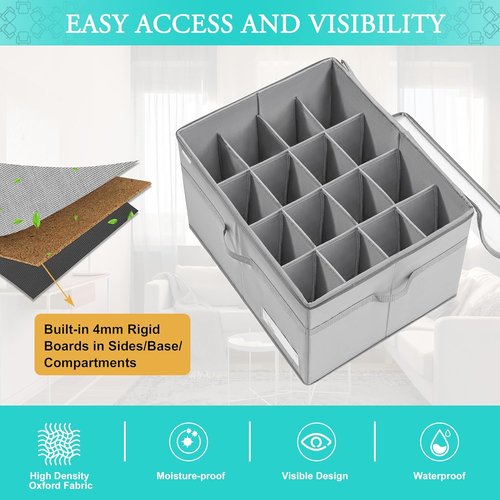 LUVHOMEE Shoe Organizer - Space-Saving Storage for 16 Pairs | Clear Foldable Bins with Reinforced Handles - Gray