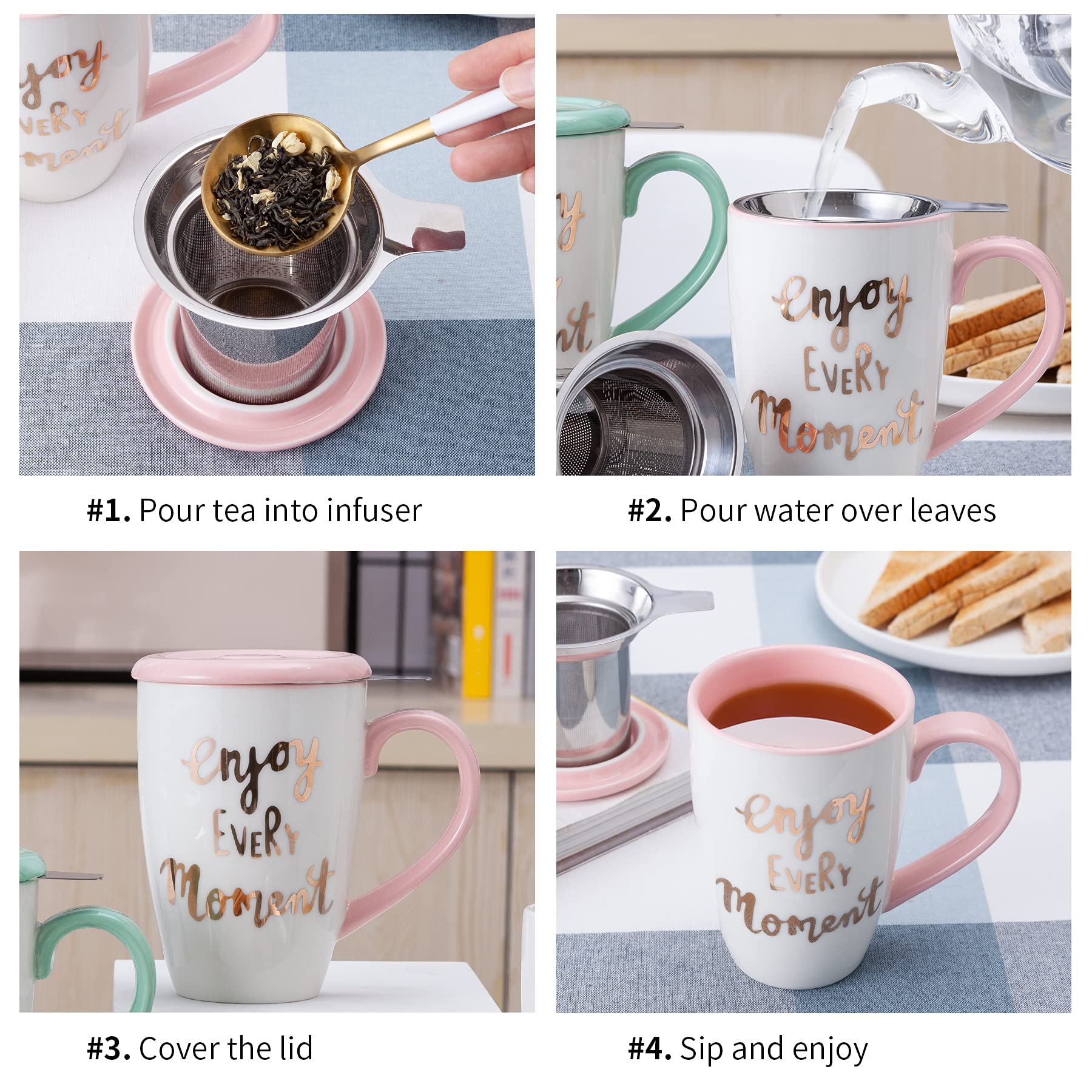 Jemirry Tea Mug Tea Cup, Ceramic Cup with Lid - Pink