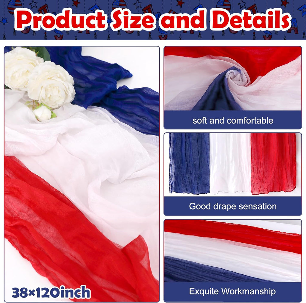 RunNico Cheese Cloth Table Runner - 120 x 38 Inch Rustic Red, White & Blue for Patriotic Decor