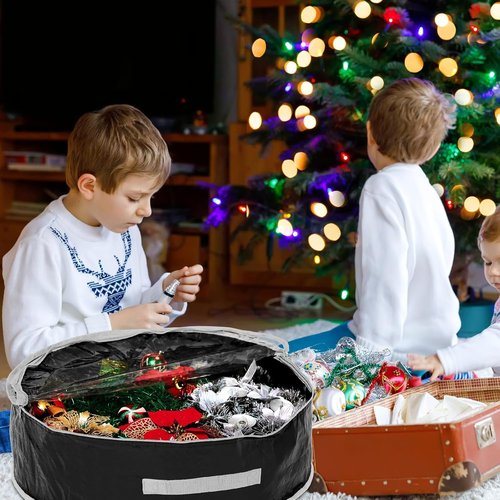 4 Pcs Christmas Wreath Storage Bag - Clear Window, Zipper & Handle for Holiday Garland | Black, 30"
