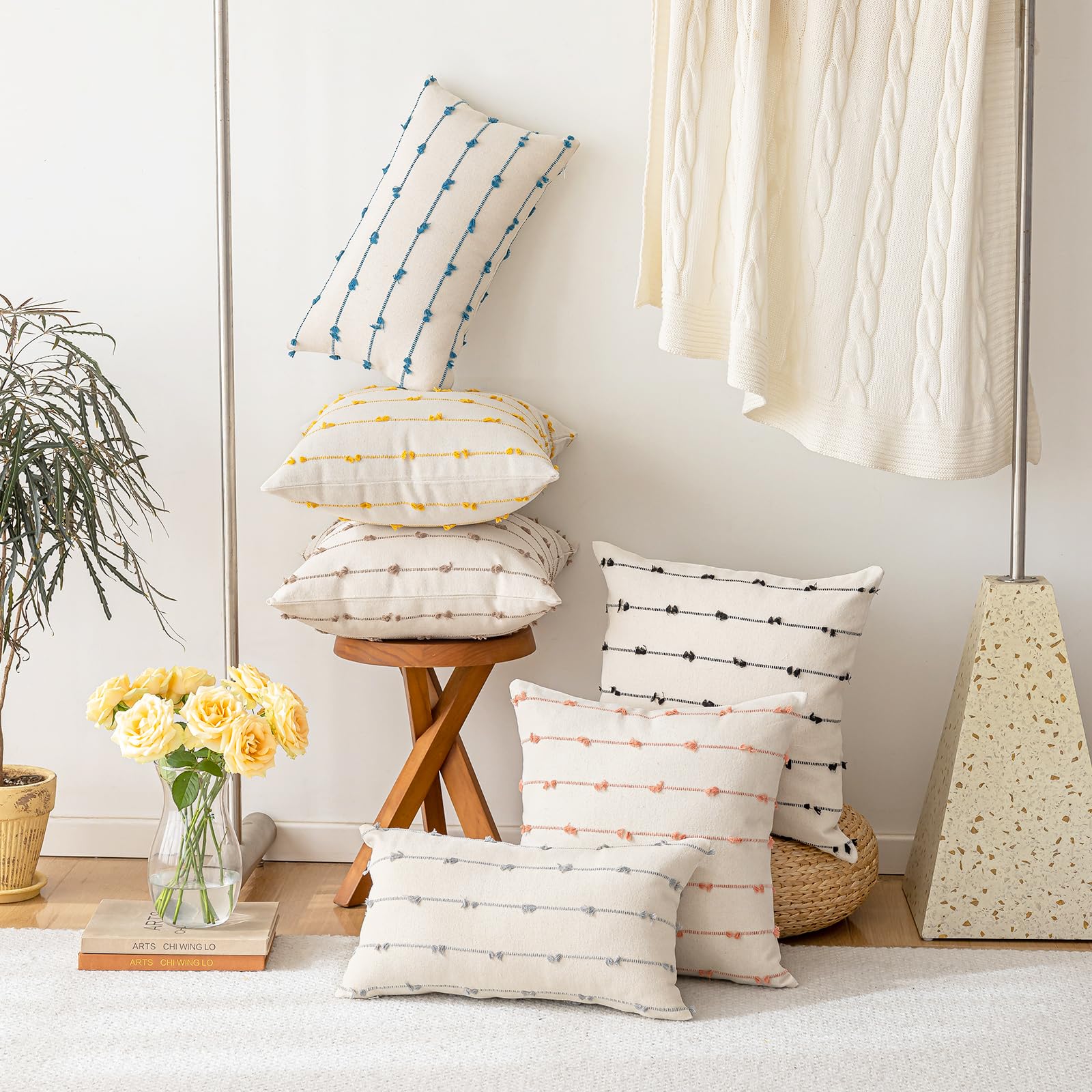 YEENAASY Boho Throw Pillow Covers 18x18 Set of 2 Modern Farmhouse Decorative Cushion Case Tufted Square Pillows Cover Neutral Pillow Cases Accent Pillowcase for Sofa,Couch,Bed,Beige and Khaki