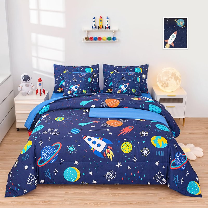 BQH Boys Twin Size Space Bedding Set - 7 Piece Rocket & Galaxy Comforter with Deep-Pocket Sheet, Whole-Piece Filling, Machine Washable Bed-in-a-Bag for Kids' Room Makeover & Gifts