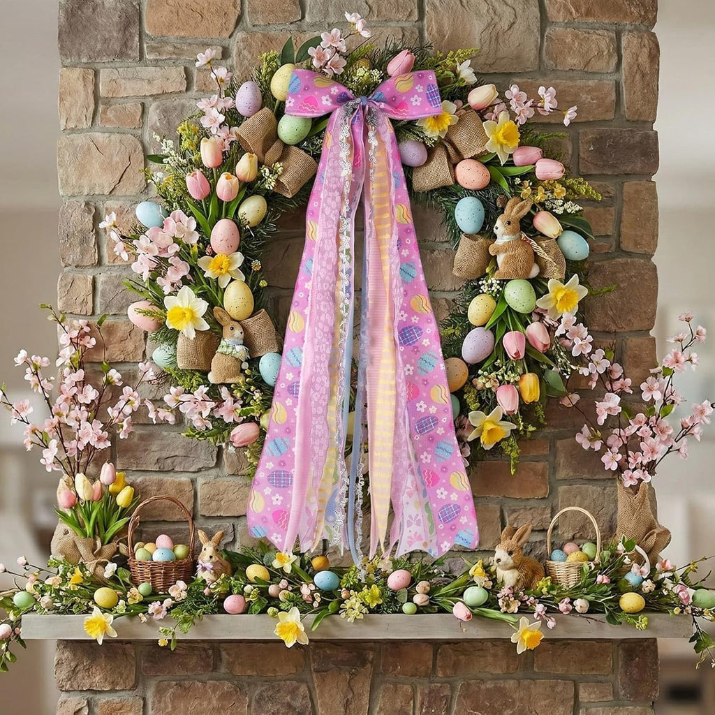 YKW Easter Bow Door Decoration - 27.5" Purple Lavender Floral Wreath with 8 Ribbons | Ready to Hang