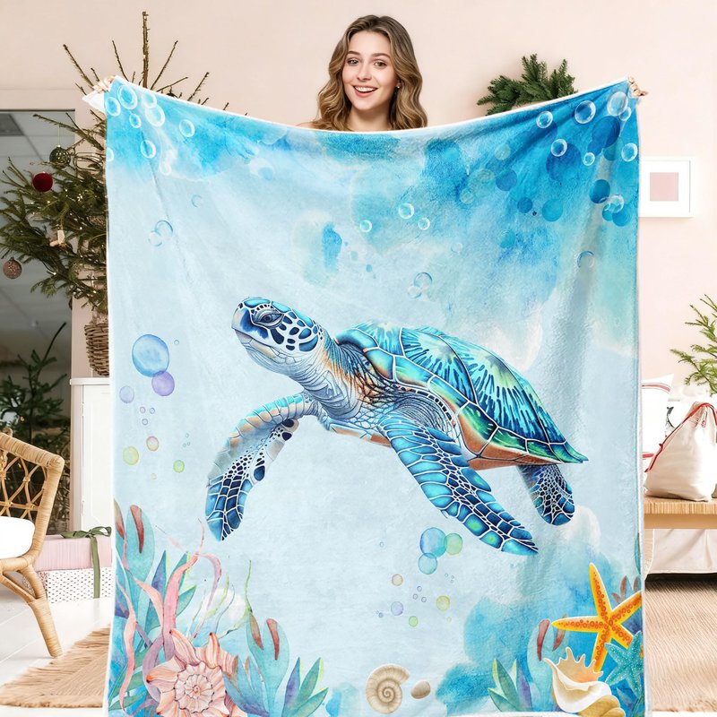 JAWO Sea Turtle Blanket Coastal Throw Cozy Beach and Nautical Sea Turtles Blanket Sea Animal Starfish Turtle Blankets Throws Gifts for Kids and Adults 50" x 60", Teal