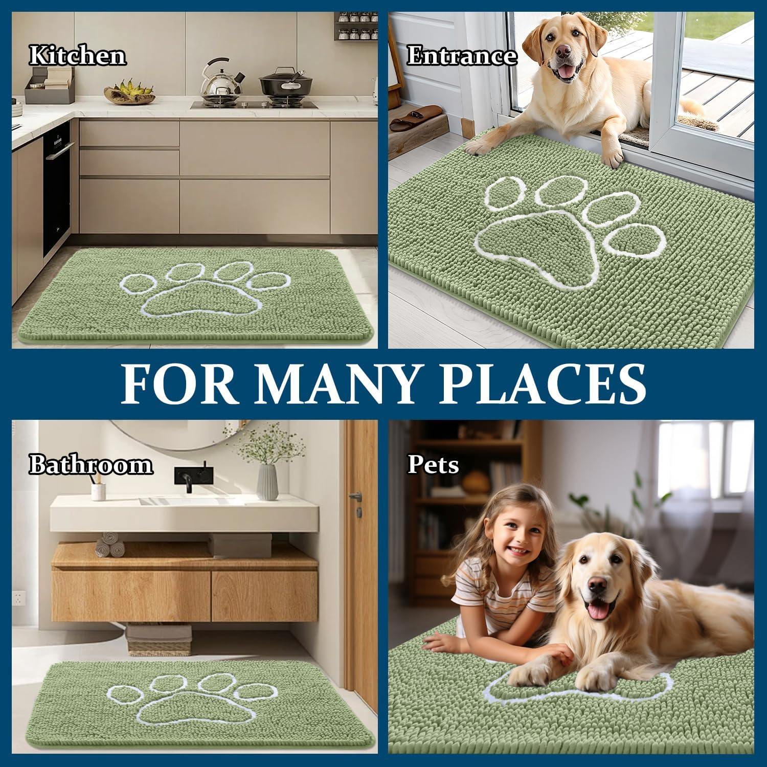 OLANLY Dog Door Mat - Absorbent Muddy Paws Doormat | Non-Slip Chenille, Quick Dry, 70x46, Sage Green