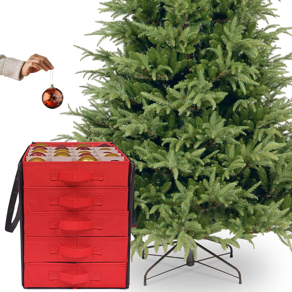 ProPik Christmas Ornament Storage Boxes - Durable Organizer with 5 Dividers for 100 Ornaments | Red Carrying Bag
