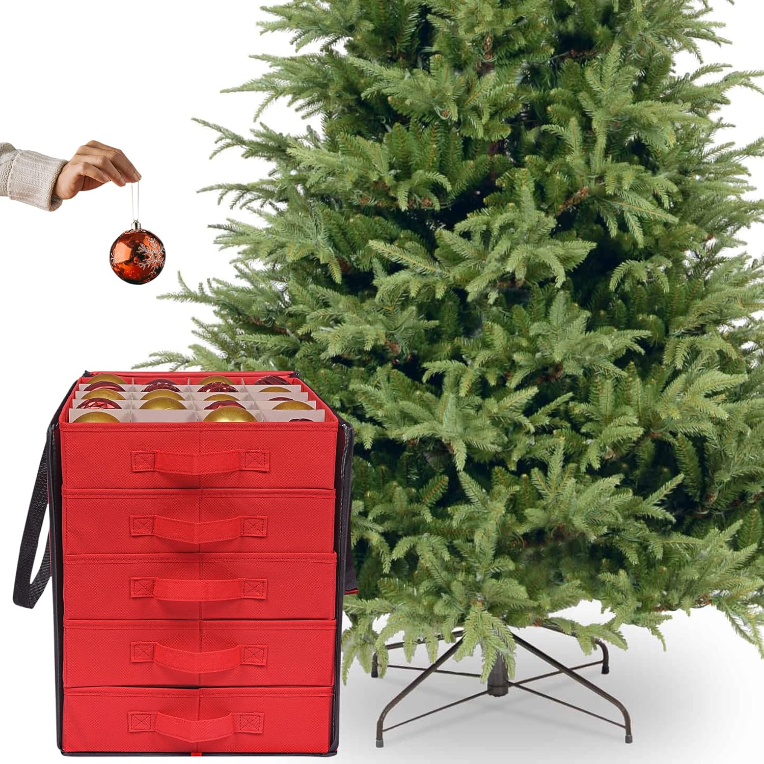 ProPik Christmas Ornament Storage Boxes - Durable Organizer with 5 Dividers for 100 Ornaments | Red Carrying Bag