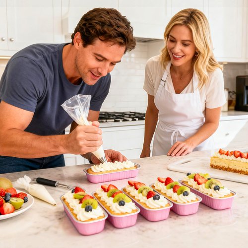 NPLUX 50 PACK Mini Cake Pans with Lids and Spoons,Rectangular Aluminum Foil Bread Pan,Mini Loaf Pans and Food Containers with Lids(Pink,6.8oz)