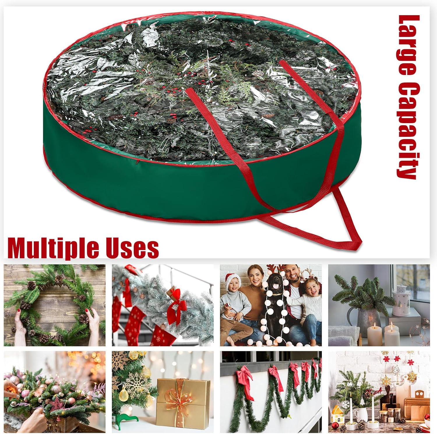 Abbylike Christmas Wreath Storage Bag - Extra Large 48'' Clear Container with Zipper & Handles | Green 600D Oxford