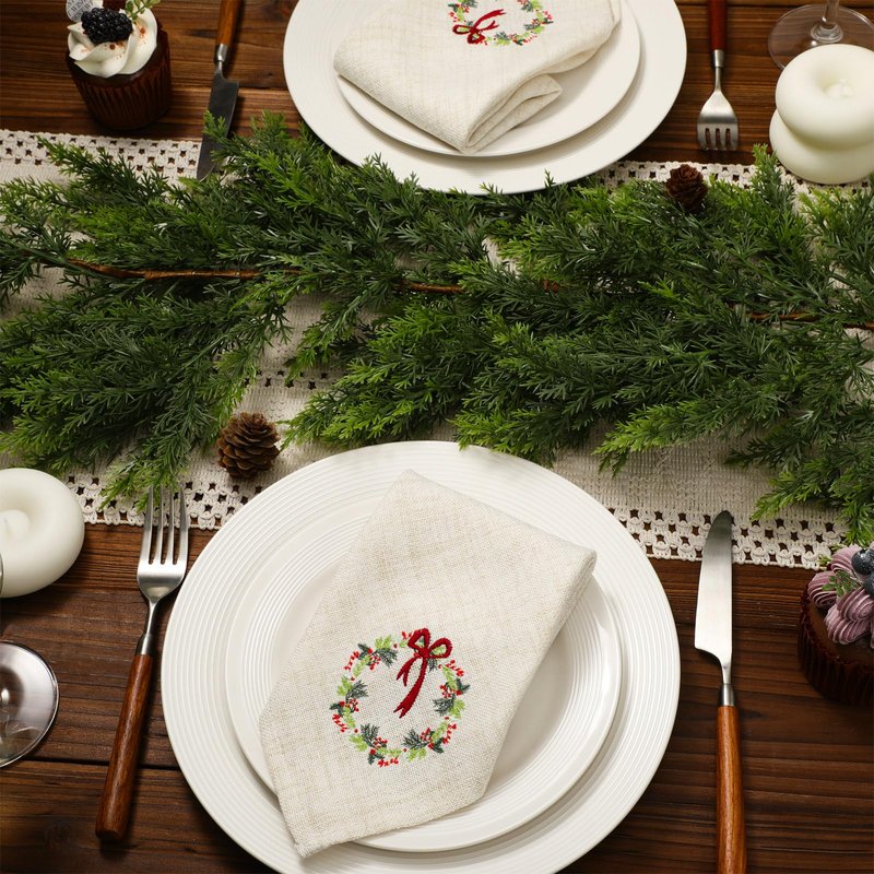 SmoothNovelty 6 Pcs Christmas Cloth Napkins Xmas Linen Dinner Napkins 18 x 18 Inch Soft Embroidered Linen Square Fabric Merry Christmas Wreath White Handkerchief for Wedding Holiday Dining Gifts