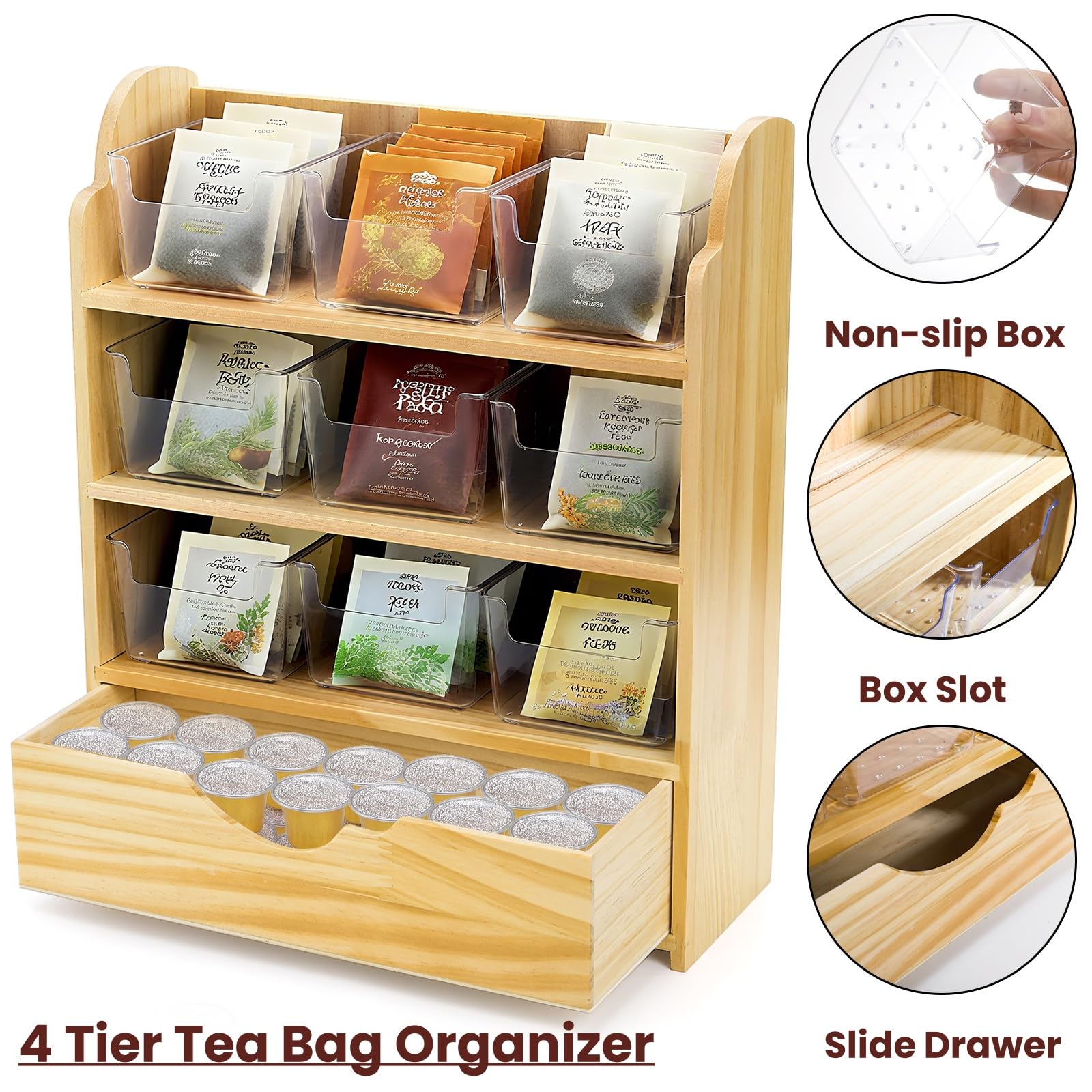 Tlence 4 Tier Wood Tea Bag Organizer, 15"x12.3"x4.5" Vertical Tea Storage Holder, Teabag Station Stand with 9 Plastic Box, Tea Packet Rack with Slide Drawer, Teabag Cabinet Shelf for Sugar and Creamer