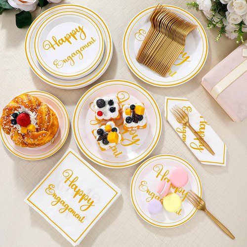 Geyoga 96 Pcs Happy Engagement Party Decorations White Gold Engaged Plates and Napkins She Said Yes Disposable Dinnerware Happy Engagement Plates for Wedding Bridal Shower Party Supplies Serve 24