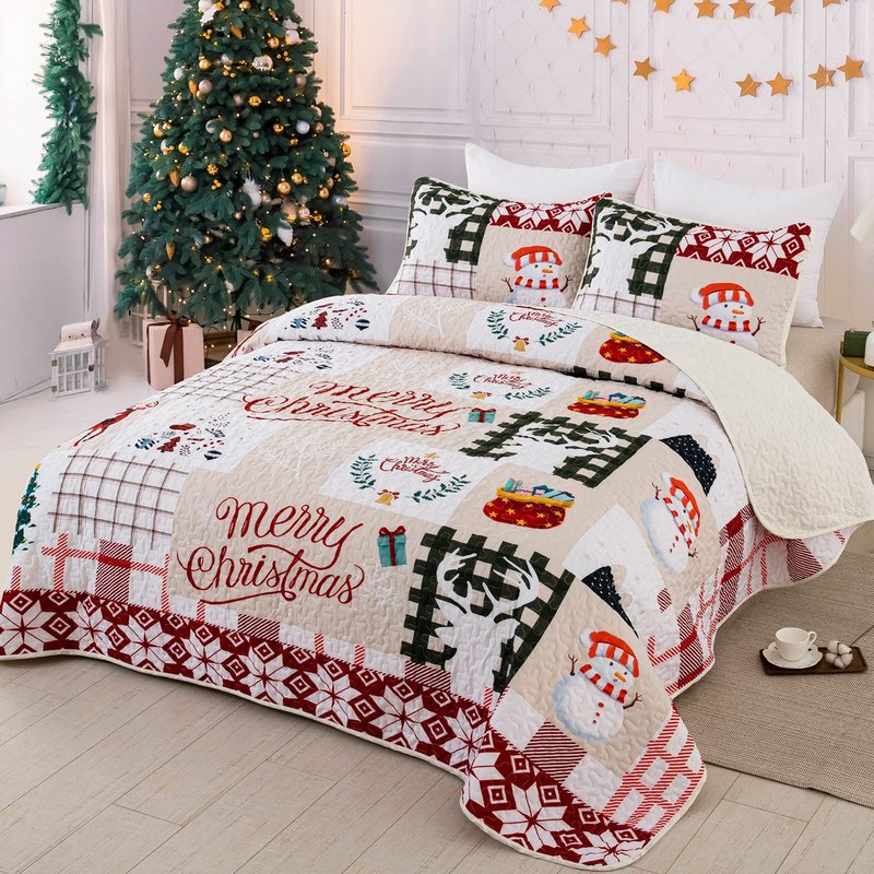 Dobuyly Christmas Quilt Set King, Christmas Tree Snowman Reindeer Pattern Bedding Bedspread Coverlet, Soft Microfiber Lightweight Holiday Christmas Quilt with 2 Pillowcases 90"x 103"