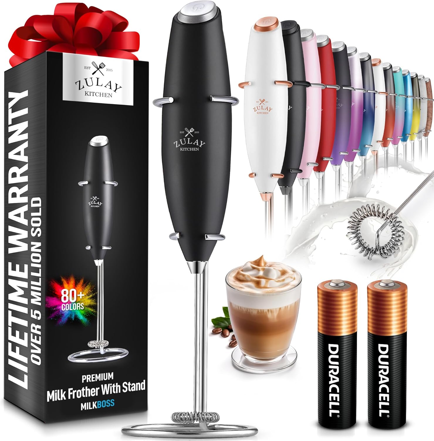 Zulay Kitchen Milk Frother Wand - Ultra-Fast Handheld Electric Whisk for Coffee & Lattes - Black