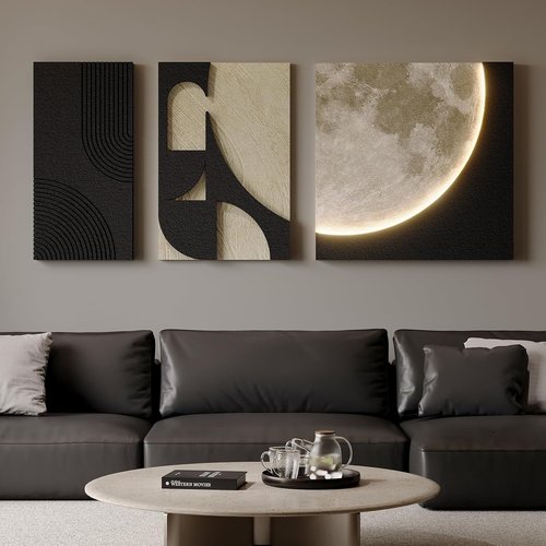 3D Textured Black and White Abstract Wall Art - LED Moon Design | 3-Piece Modern Paintings for Living Room, Hallway, Bedroom