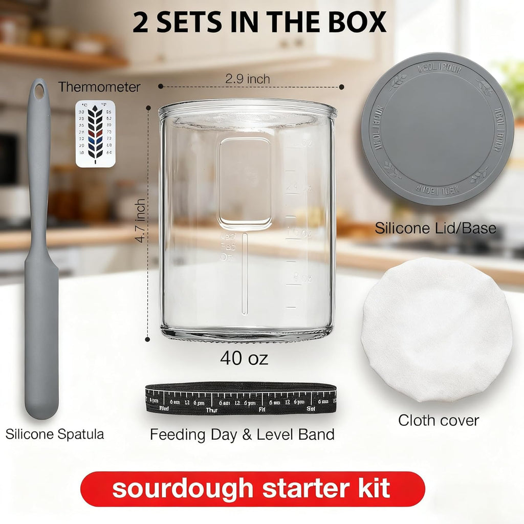 Premium Pro Sourdough Starter Jar Kit by [Brand Name] - 40oz Wide Mouth Glass Jar with Thermometer & Silicone Lid