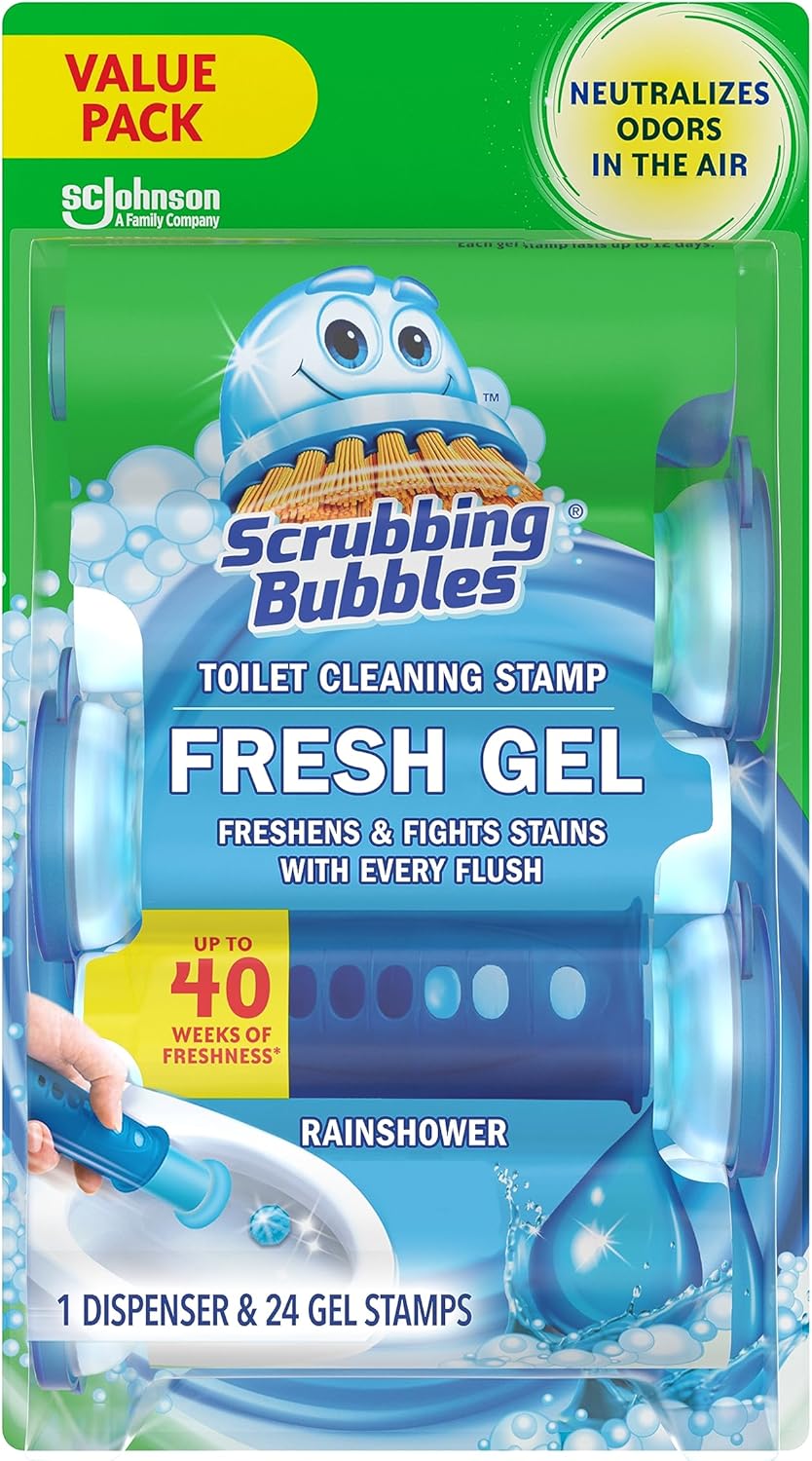 Scrubbing Bubbles Fresh Gel Toilet Bowl Cleaning Stamps - Prevent Limescale & Rings | Rainshower Scent, 24 Stamps