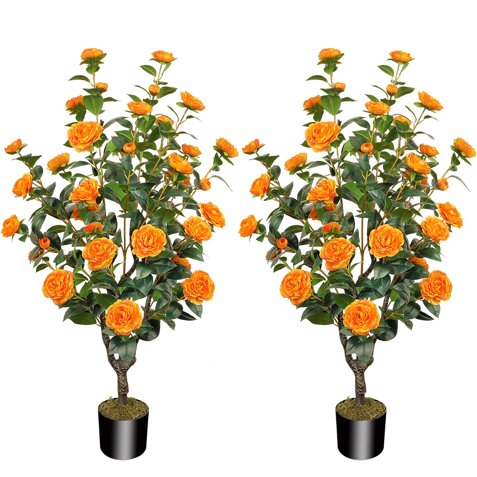 2 Pack 43.3"/3.6FT Artificial Tree with Camellia Flowers Fake Tree with 32 Blooming Flowers Orange Tree for Spring Home Front Door Outdoor Indoor Decor (Including Dried Moss)