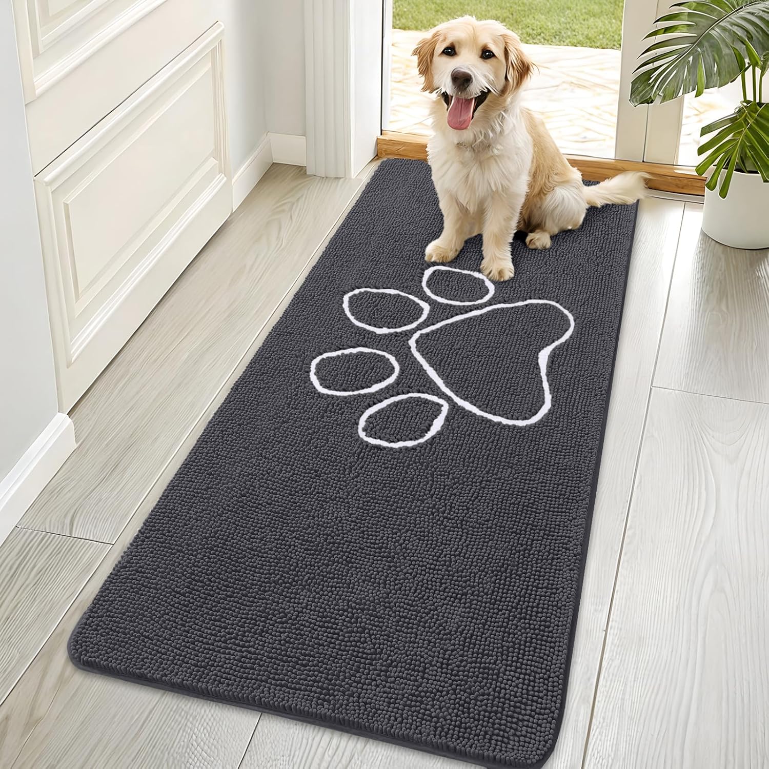 OLANLY Dog Door Mat - Absorbent Non-Slip Mud Mat for Muddy Paws | 70x35 Dark Grey Chenille Design
