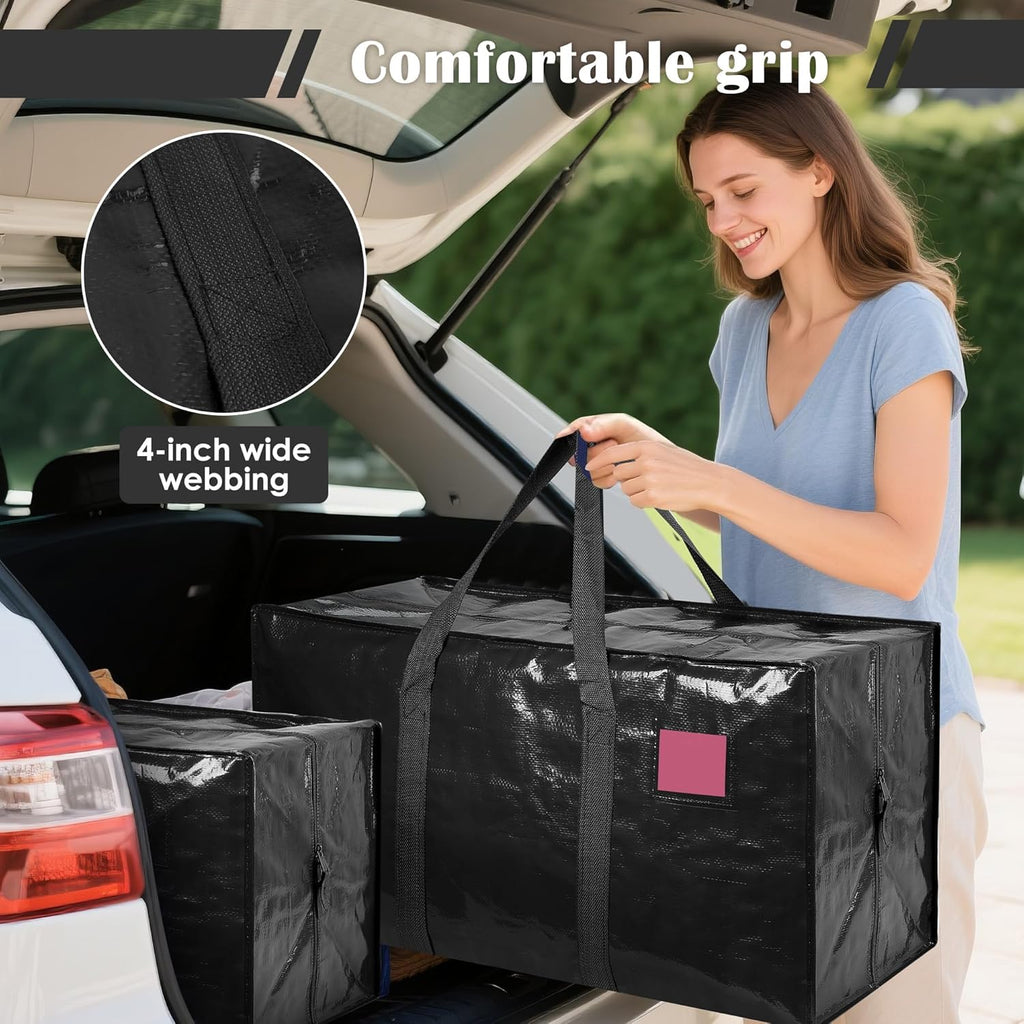 Skiennix Extra Large Heavy Duty Moving Bags - Reinforced Zipper & Wide Handles | Moisture-Resistant Storage Bins for Clothes, Travel & Home Organization - Black (6 Pack)